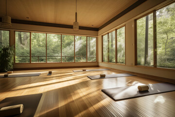 Wall Mural - A serene and calming yoga room with bamboo floors, natural wood paneling, and a large window overlooking a peaceful garden