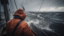 A Solitary Sailor Bravely Navigating Treacherous Waters During A Tempest