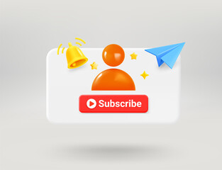 Poster - Pop up window with red button, blue plane, profile icon and golden bell. Subscribe concept. 3d vector illustration