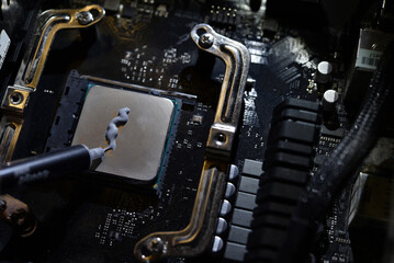 Wall Mural - Applying thermal paste to the surface of the computer processor. Thermal interface on the processor.