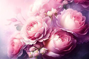 Wall Mural - background pink roses soft light close-up. Generative AI