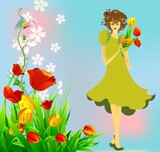 Fototapeta  - composition with spring girl, tulips and butterfly