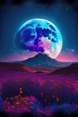 Wall Mural - Fields of lila flowers on alien planet world ,made with Generative AI