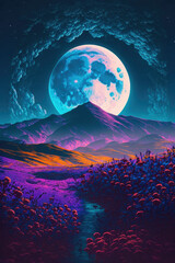 Wall Mural - Fields of lila flowers on alien planet world ,made with Generative AI