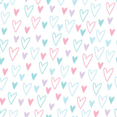 Wall Mural - Simple seamless pattern with pink, blue and purple hand drawn hearts on white background. For children's room, wallpaper, textile, gift paper, notebook cover