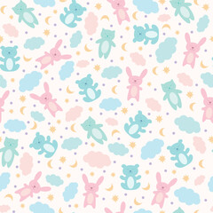 Wall Mural - Baby seamless pattern for decoration, children's room, blankets, gifts, baby shower greetings. Cute sleepy toys with clouds, stars and crescent in pastel colors