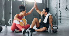 High Five, Fitness And Happy Man And Women Water Drink After Training Workout In Gym Together. Healthy Sports Coach, Exercise Motivation Partnership Goal Success And Target Team Hydrate On Floor