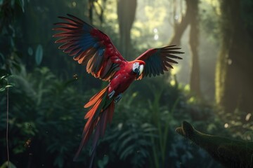 Red hybrid parrot in forest. Macaw parrot flying in dark green vegetation. AI generated