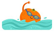 Swimming fruit in water. Sport orange cartoon mascot