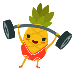 Wall Mural - Pineapple mascot. Cartoon fruit athlete lifting barbell