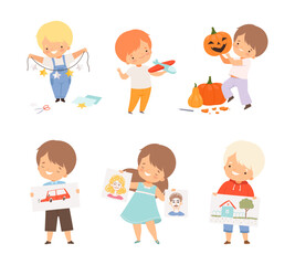 Poster - Little Boy and Girl Showing Drawing or Handcrafted Item Vector Illustration Set