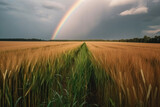 Fototapeta Tęcza - wheat field with rainbow and cloudy sky Generative AI