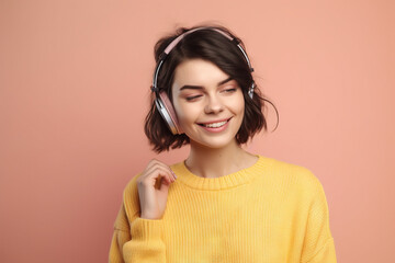 Beautiful young brunette woman in big headphones headset listening to music and smiling. Banner with copy space generative ai