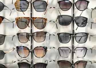 Sunglasses on display shelves in glasses store