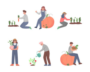 Poster - Male and Female Farmer Working in Garden Vector Set