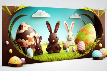 Easter banner with chocolate rabbits and beautiful painted eggs set on grass, holiday background, generative ai