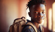 Afro-americal black school boy with backpack. School concept. Blurred background banner. generative ai