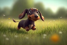Cute Cartoon Dachshund Running Through A Meadow (Generative AI)