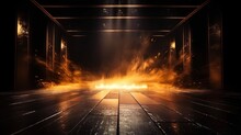 Illustration Of Spotlights Shine On Stage Floor In Dark Room With Burning Flame , Fire Effect Ground, Idea For Background, Backdrop Generative Ai