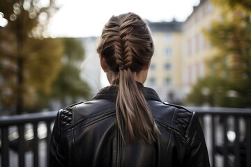 Wall Mural -  a woman with a braid in her hair is standing on a bridge looking at a building with a black fence and a black fence behind her.  generative ai