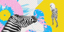 Contemporary Digital Collage Art. Modern Trippy Design. Zebra Fashion Girl, Animal Lover