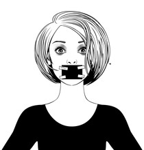 Short-haired Blonde With A Frightened Face And A Taped Mouth Isolated On White. Linear Retro Stylized Drawing. Vector Illustration