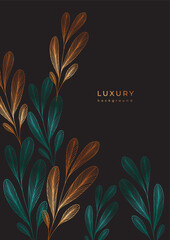 Wall Mural - Luxury gold template with tropical plants. Golden linear japanese style branch with leaf. Poster with leaves with veins on black background. Line botanical elements