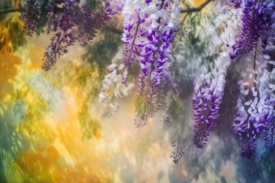  a bunch of purple and white flowers hanging from a tree in a park in the fall or fall of 2012, with a blurred background of yellow and purple and green leaves.  generative ai
