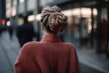 Poster -  a woman with a bun in her hair walking down a street in a red sweater and a man in a black suit walking behind her.  generative ai