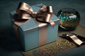Sticker - gift boxes. blue gift boxes with golden ribbon and bow. birthday celebration concept. ai generative