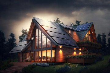 Solar panels on roof of house at architectural background AI generated