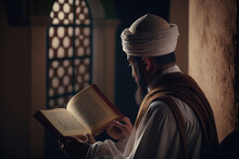 Muslim Elder Sitting In Masjid Reading Quran Before Prayer Time At Subdued Dark Light AI Generated