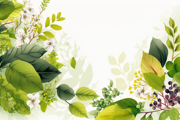 Wall Mural - Botanical background on white, leaves and flowers, summer, autumn generative AI digital illustration