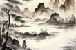 Paint a traditional Chinese ink-wash landscape, depicting a tranquil river with lush, green willow trees lining the shore. Sunrise in the east, rain in the west, and the road appears cloudy yet clear.