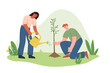 © Nadezhda Mih - Group people plant trees in park, reforestation. Ecology concept. Taking care of planet. World Environment Day. Gardener or farmer work in garden. Creative web page illustration