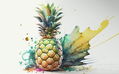 A drawn pineapple on white background watercolor exotic tropical fruit organic food illustrations Generative AI