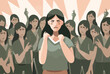 Unhappy woman standing surrounded by bad people. Vector illustration of bullying and harassment concept