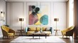 Interior design of bright, white mid-century modern living room with sofa and chairs. Abstract paintings hang on wall. 3d rendering