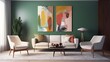 Interior design of bright, green mid-century modern living room with sofa and chairs. Abstract paintings hang on wall. 3d rendering