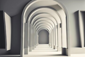 Canvas Print - Arch in distance in light colors in 3d rendering minimal room, generative ai, created with generative ai