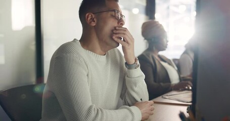 Poster - Business, man and tired in office, burnout and overworked for project, schedule and online planning. Male, consultant or employee with mental health, headache and anxiety in workplace, stress or fail