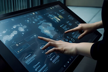 Touchscreen interface. - Generative Ai. - digital, technology, device, screen, hand, finger, gestures, swiping, pinching, tapping, pressing, navigation, display, user-friendly, responsive, intuitive.
