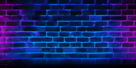 Neon light on brick walls that are not plastered background and texture. Lighting effect red and blue neon background vertical of empty brick basement wall.