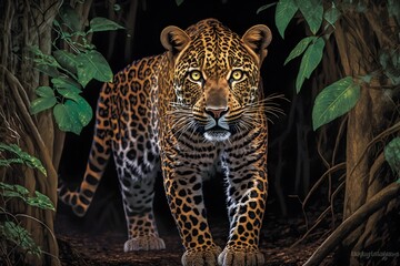 Leopard lurking in a jungle at night portrait | Ai Generated animal illustrations/backgrounds/wallpapers/portraits |