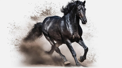 Black horse with long mane runs gallop in dust on white background. Created with Generative AI technology.