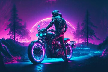 Poster - Bicycling racer on racing motorcycle against background of forest in purple pink tones, generative ai, created with generative ai