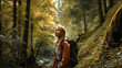  beautiful girl with a backpack curiously hiking in a natural forest, generative ai