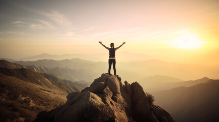 A woman standing on the top of a hill with a magical mountainscape view at sunset, with hands raised, generative ai