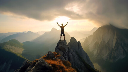 Wall Mural - A silhouette with raised hands standing on the top of a mountain at sunrise with a beautiful mountain view , representing success, generative ai