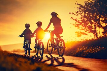 Poster - Family fond of sports and bicycling along forest trails among trees in summer, generative ai, created with generative ai